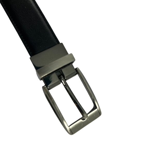 Faux Leather Dress Belt Silver Tone Buckle Reversible Brown Black Mens 32/34 - Picture 3 of 10